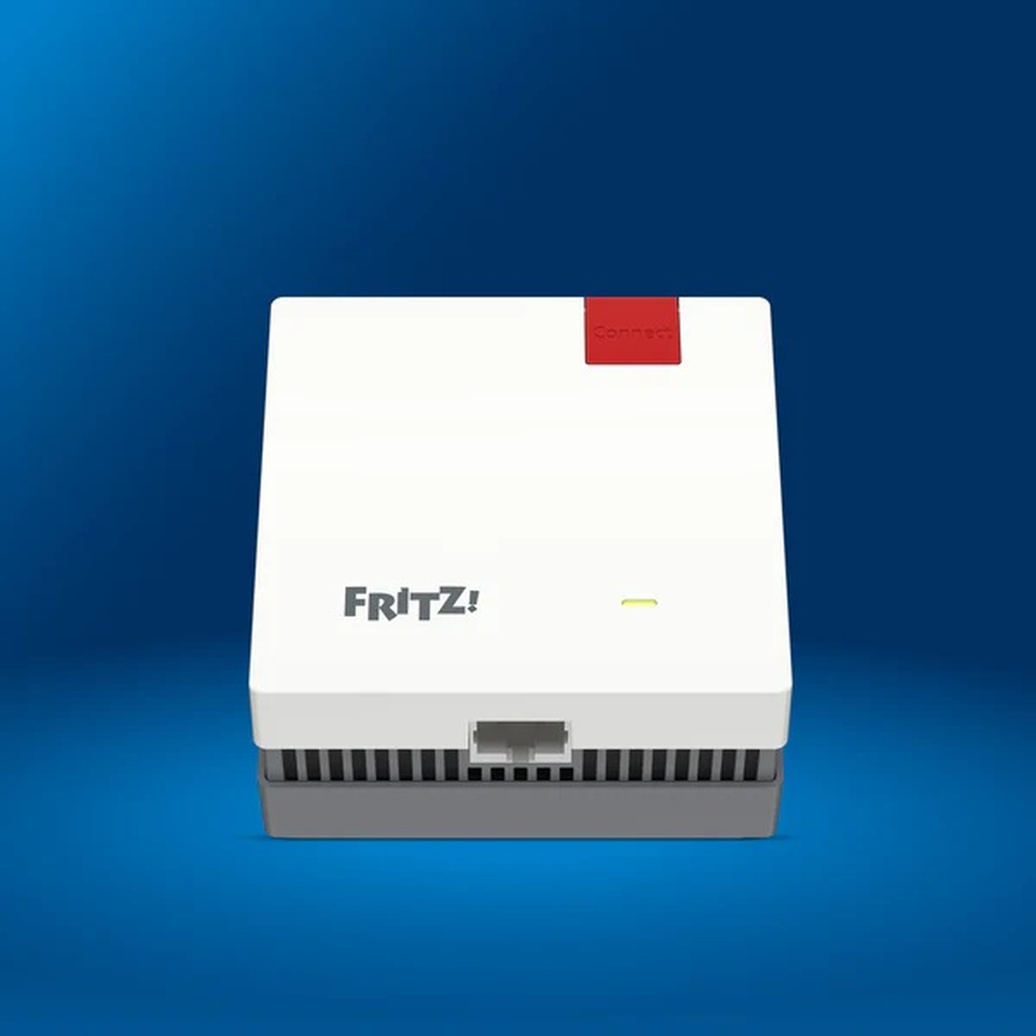 A white Fritz!Box router with a red button and a gray base sits on a blue background.