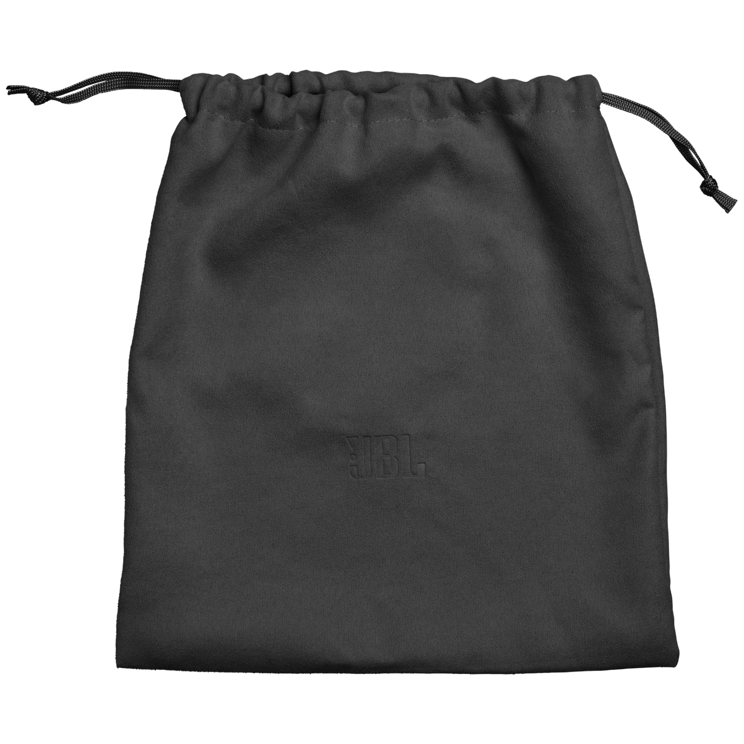 Un sac noir en tissu à cordon avec le logo JBL en relief est présenté.