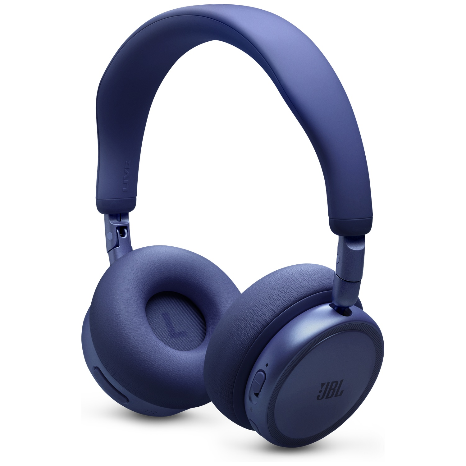 Casque bleu marine avec écouteurs et arceau rembourrés. Logo JBL visible.