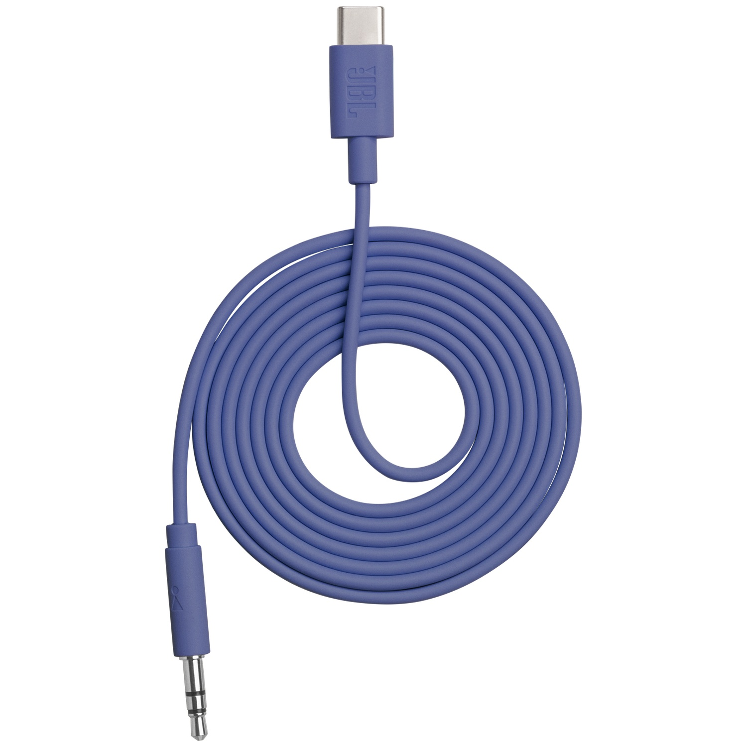 Un câble bleu enroulé avec connecteurs USB-C et 3,5 mm.