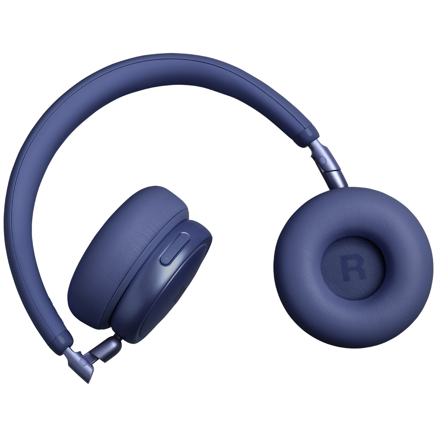 Casque bleu foncé avec coussinets rembourrés et arceau réglable. Oreillette droite marquée 'R'.