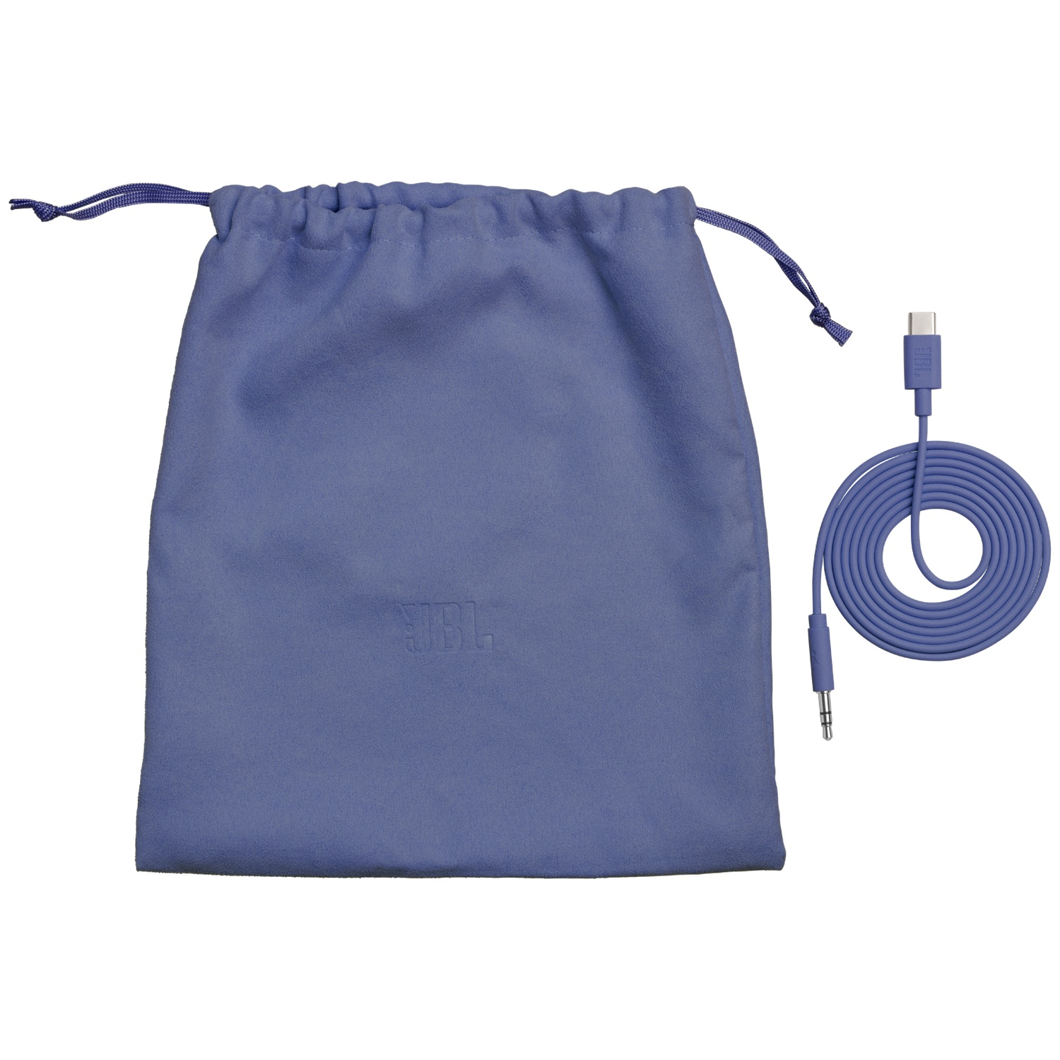 Un sac bleu à cordon et un câble audio bleu assorti de USB-C à 3,5 mm.