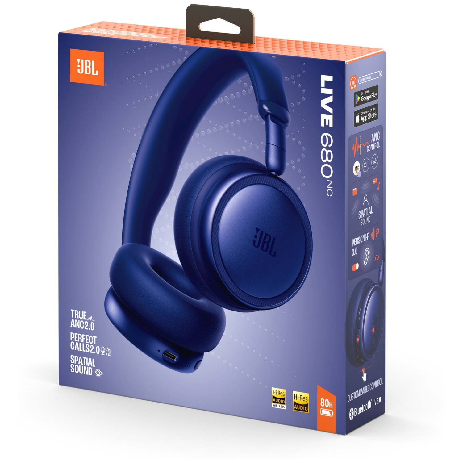 Casque JBL Live 680NC bleu sur une boîte avec détails produit et logos des magasins d'applications.
