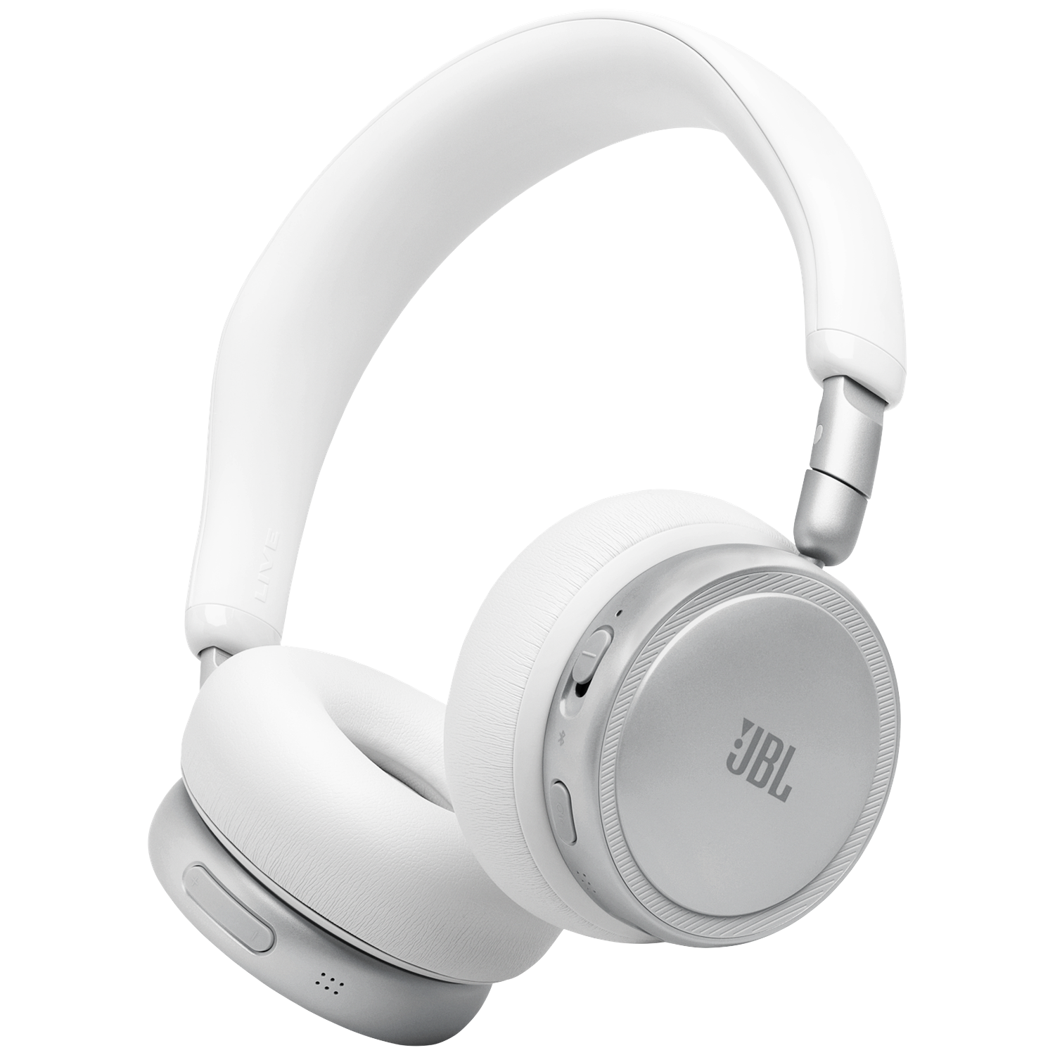 Casque JBL blanc supra-auriculaire avec accents argentés et boutons, sur fond noir.