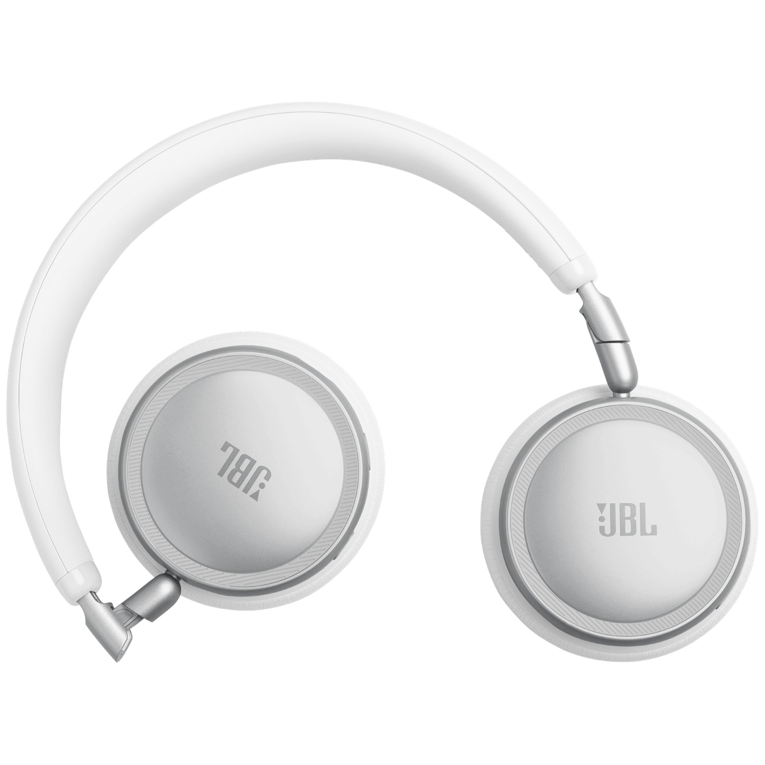 Casque JBL blanc avec accents argentés sur fond blanc.