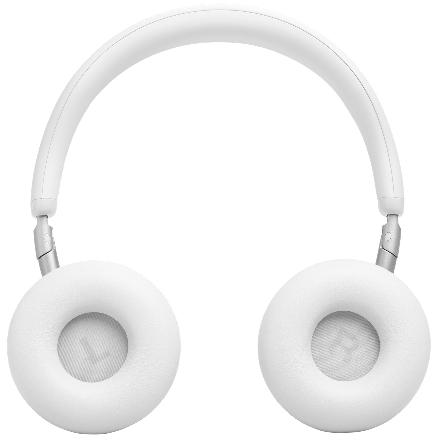 Casque blanc supra-auriculaire avec accents argentés, sur fond blanc.