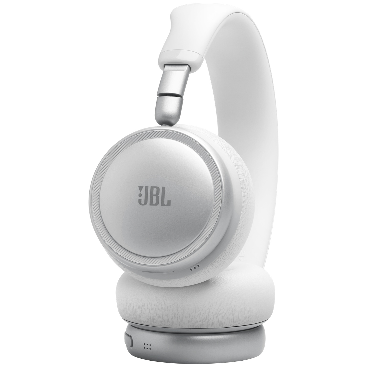 Casque JBL blanc avec accents argentés, sur fond blanc.