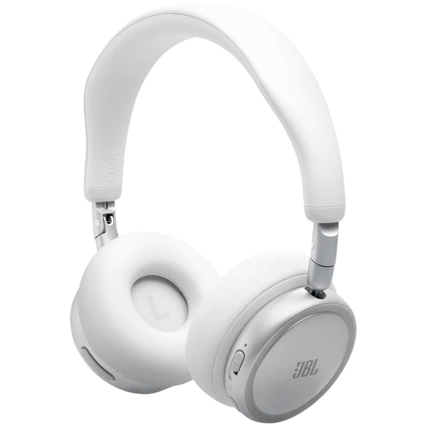 Casque JBL blanc avec accents argentés, sur fond blanc.
