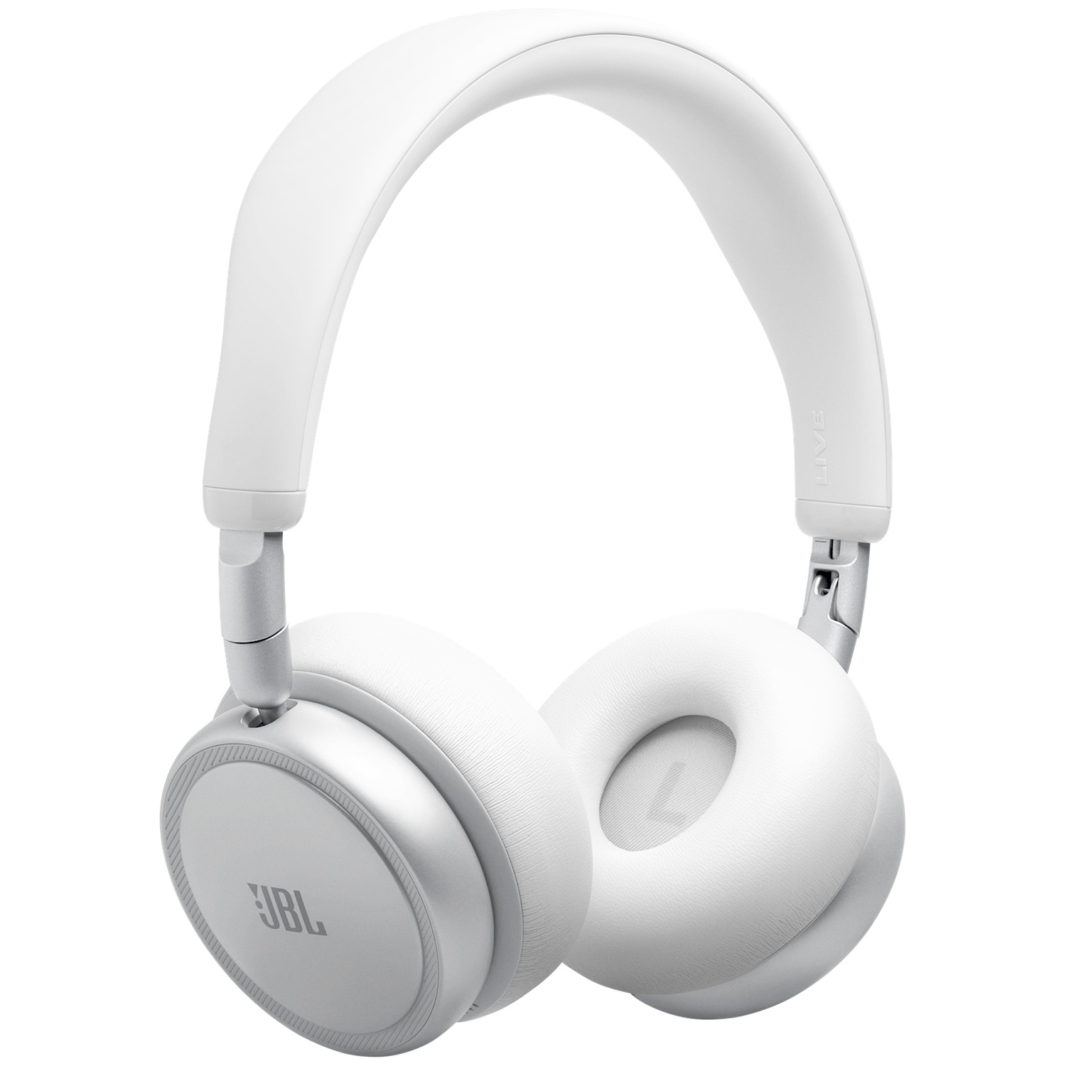 Casque JBL blanc supra-auriculaire avec accents argentés, sur fond blanc.