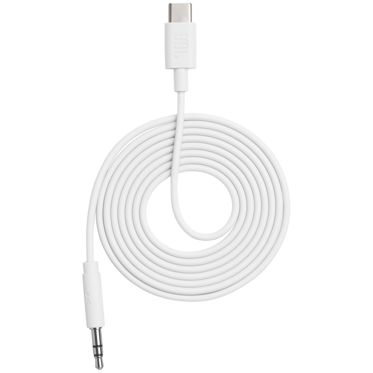 Câble audio blanc USB-C vers 3,5 mm, enroulé.