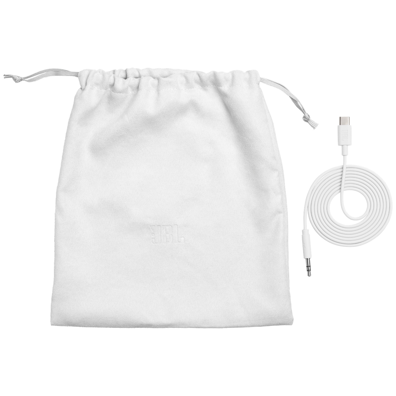 Un sac blanc JBL à cordon et un câble blanc avec connecteurs USB-C et jack.