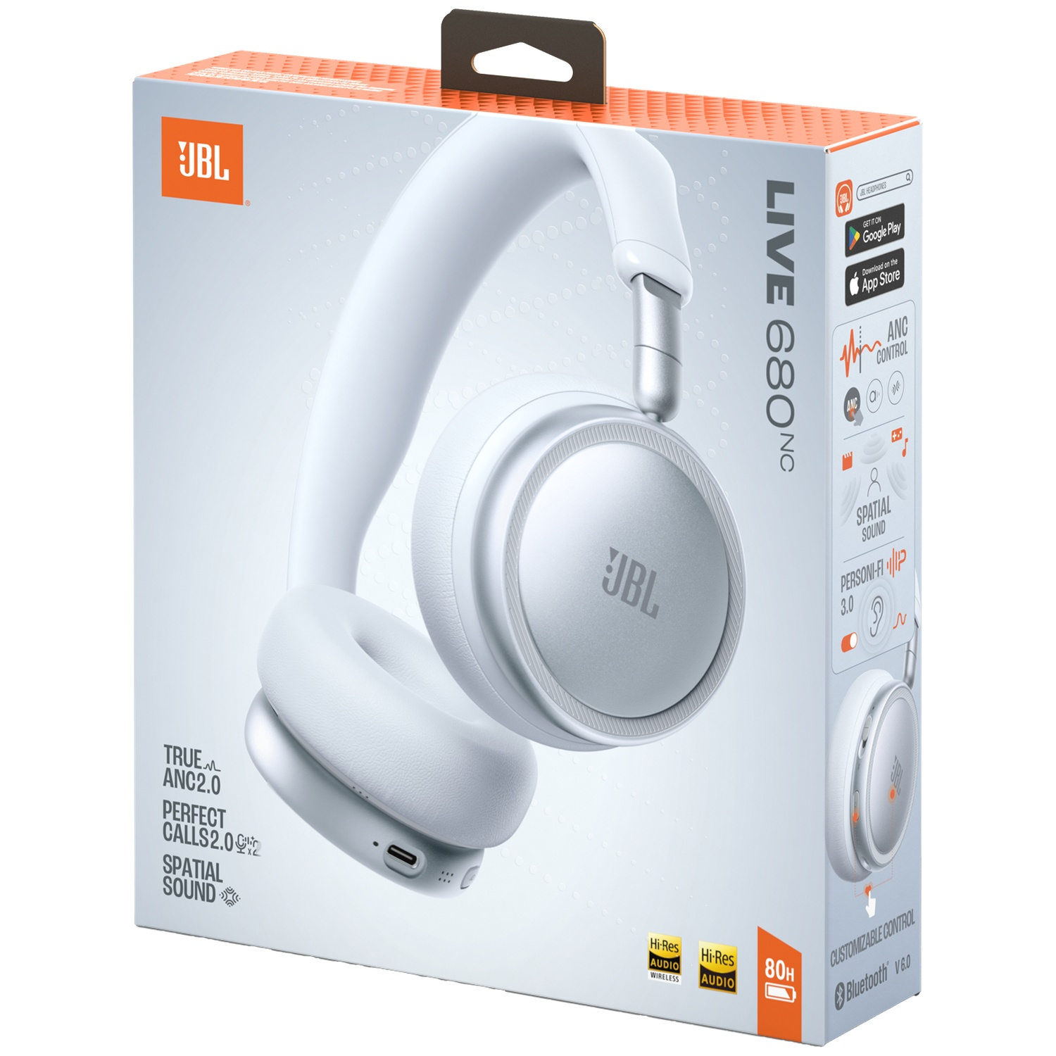 Boîte blanche d'écouteurs JBL montrant les caractéristiques et logos du produit.