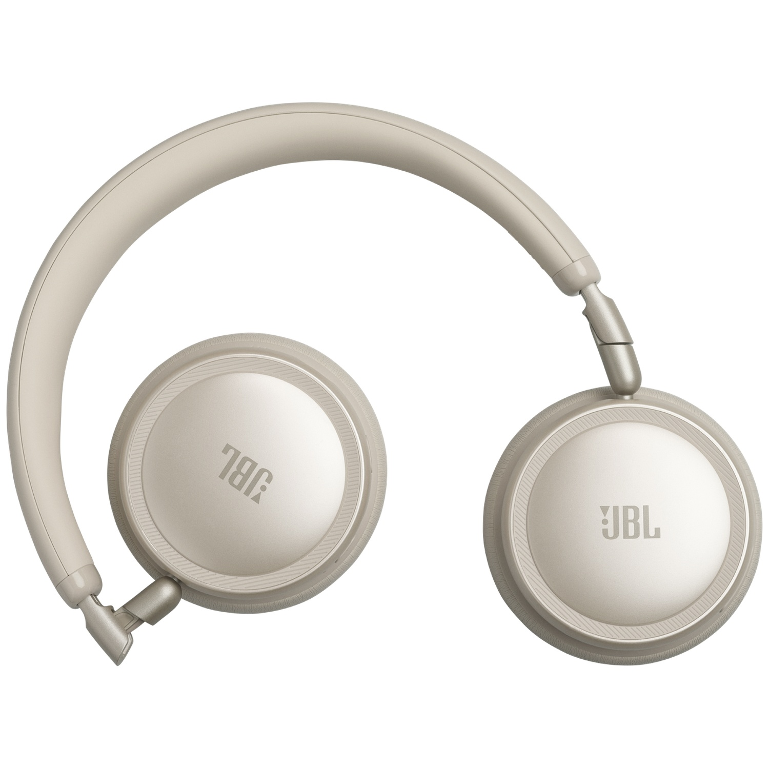 Casque JBL couleur crème avec écouteurs et arceau réglable.