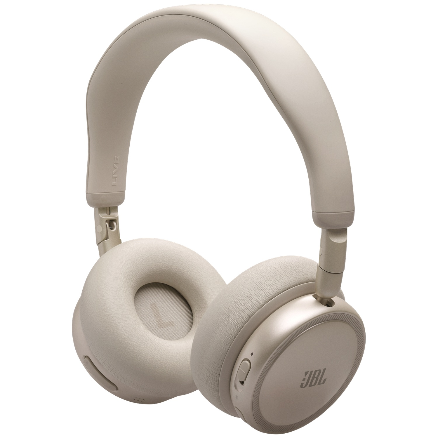 Casque JBL beige avec arceau et coussinets, fond blanc.