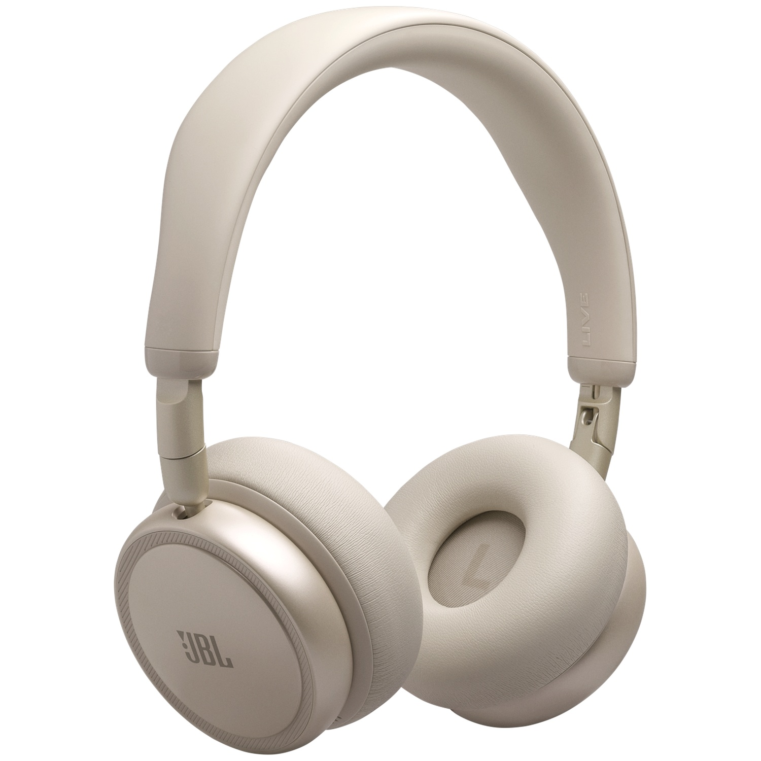 Un casque JBL beige supra-auriculaire avec coussinets doux et arceau rembourré.