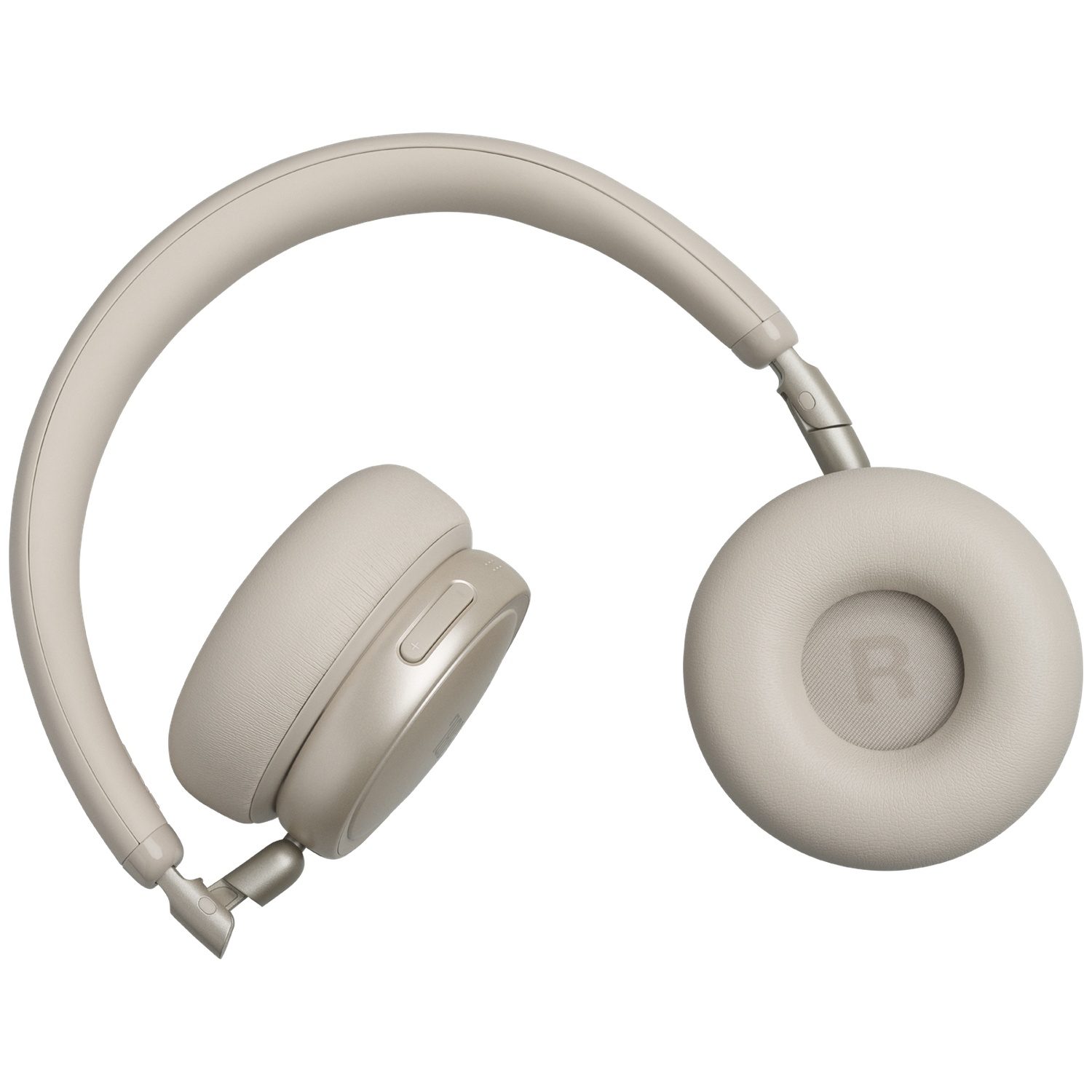 Un casque sans fil de couleur crème sur fond blanc.