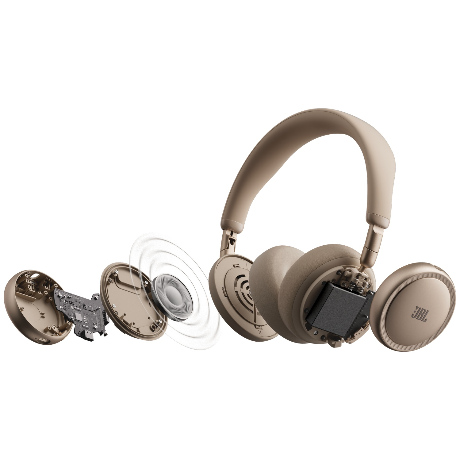 Vue éclatée d'un casque beige, montrant les circuits et le haut-parleur exposés.