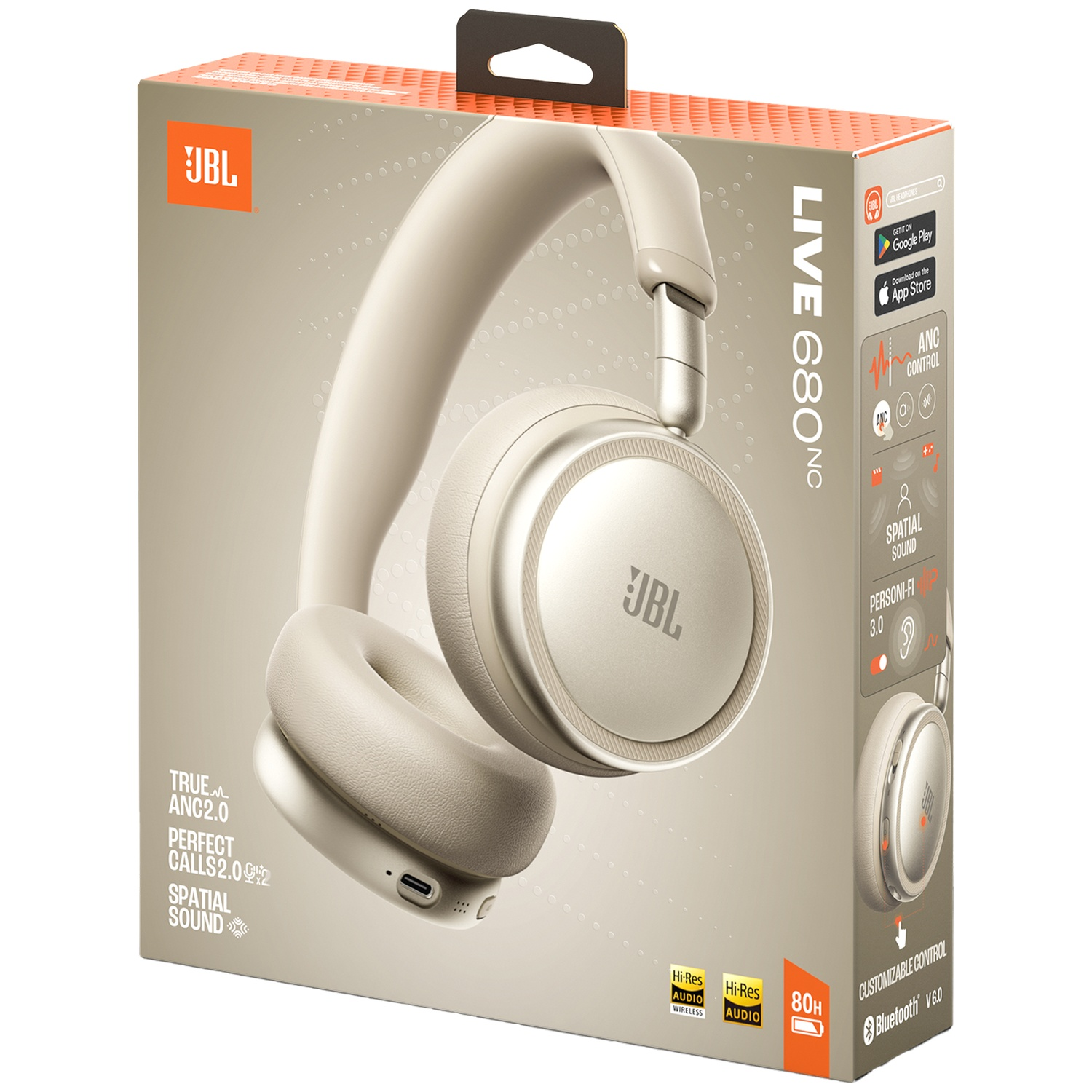Boîte de casque JBL Live 680NC beige, montrant le produit et les caractéristiques.