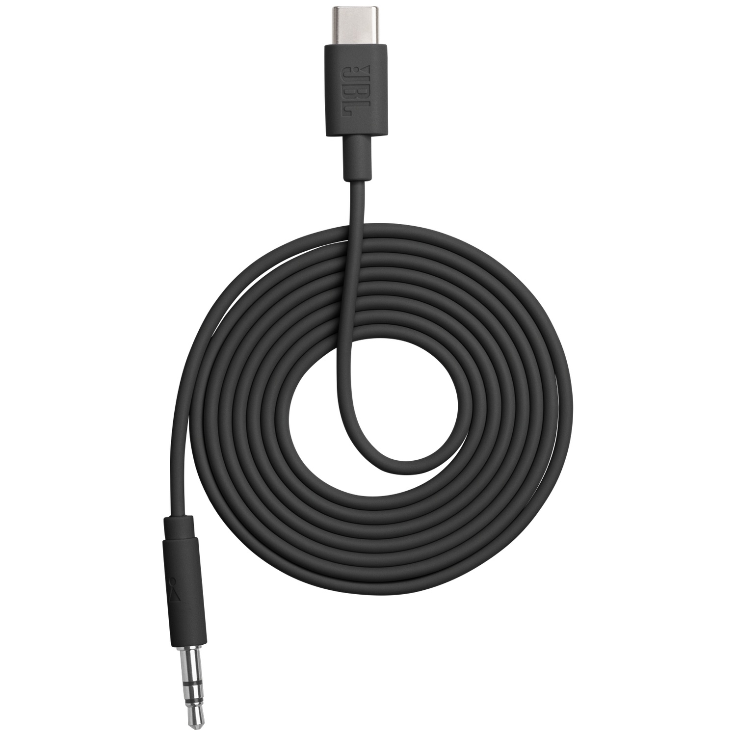 Câble auxiliaire JBL noir USB-C vers 3,5 mm enroulé sur fond blanc.