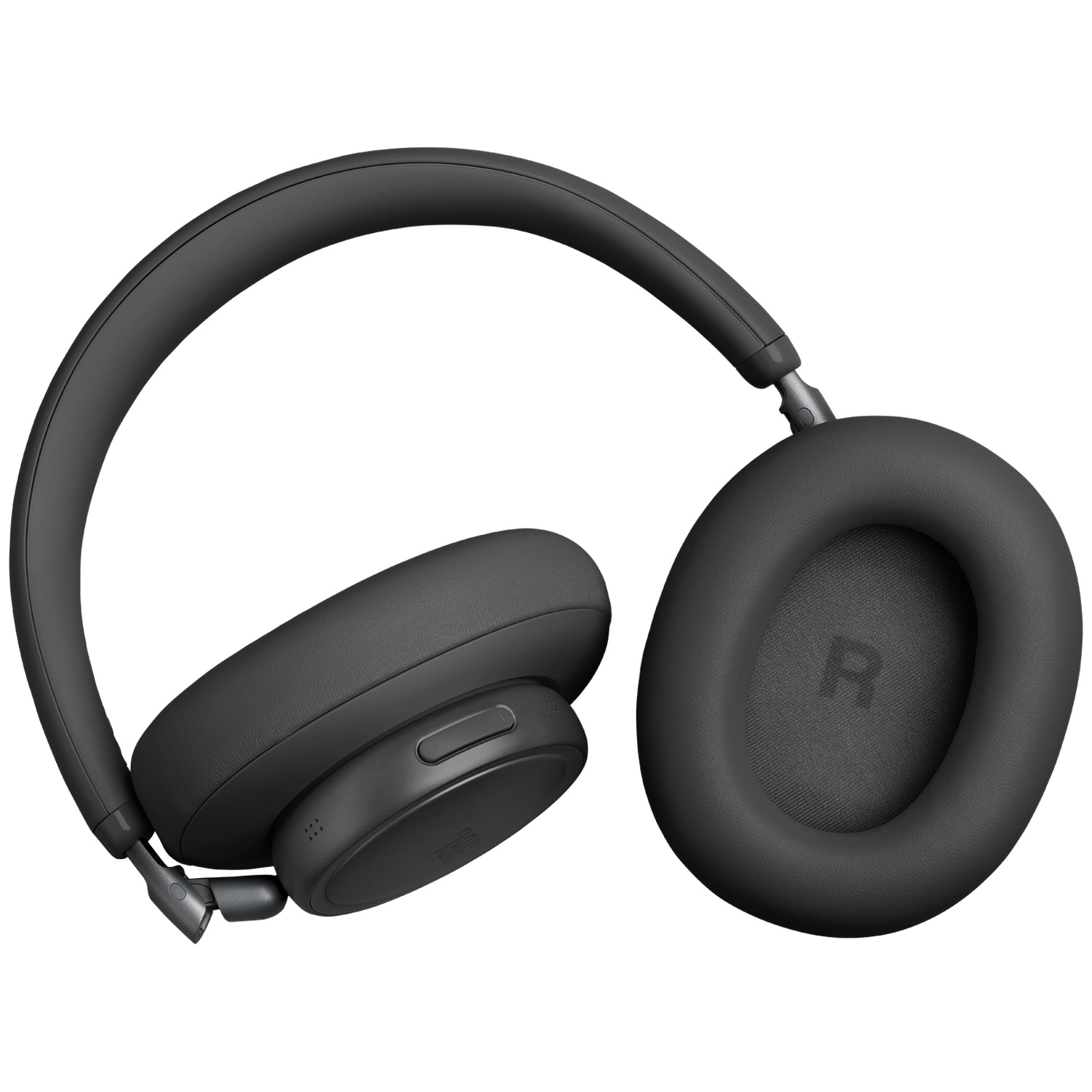 Casque supra-auriculaire noir avec arceau incurvé et coussinets. Le coussinet droit a un R.