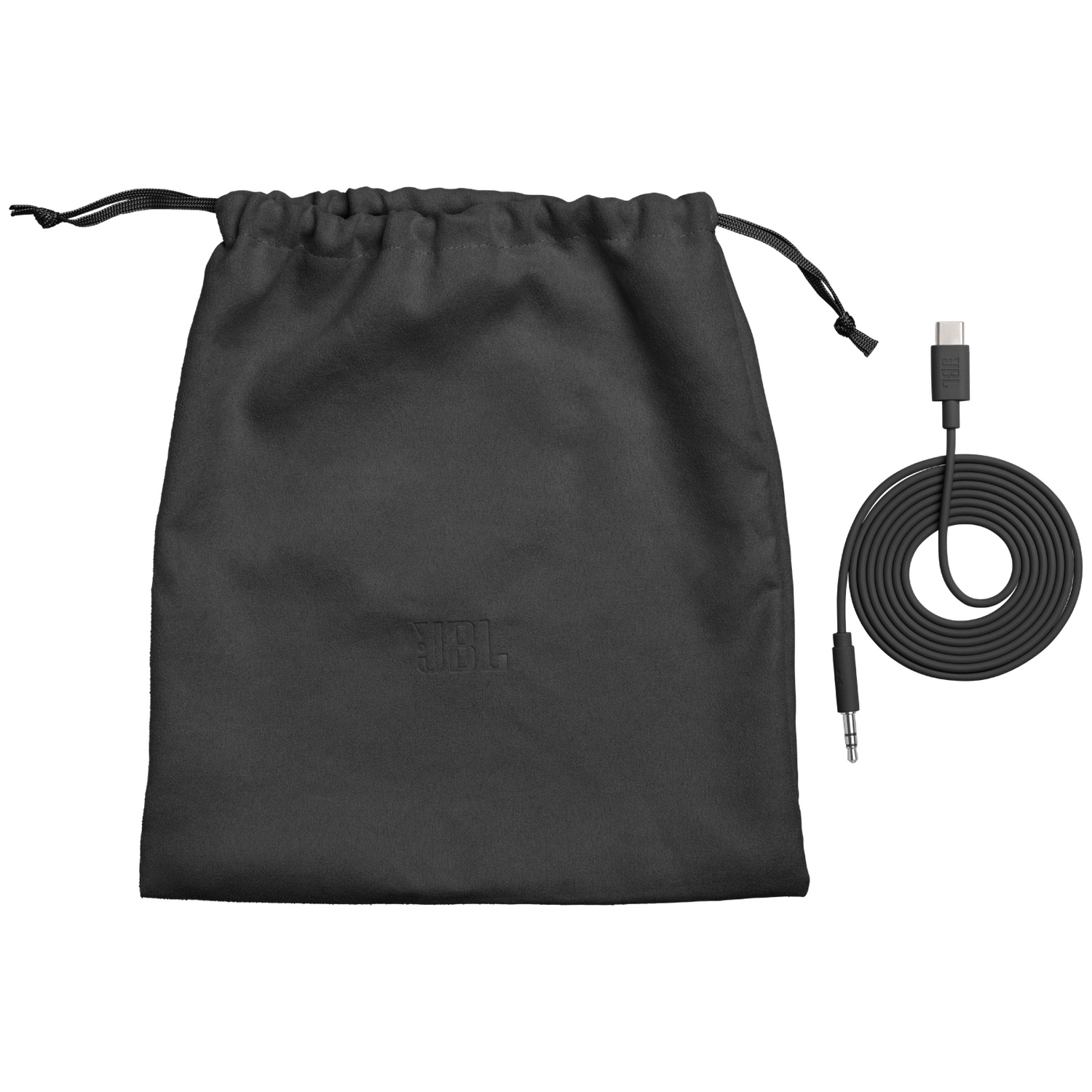 Pochette JBL noire avec câble enroulé et connecteur USB-C.