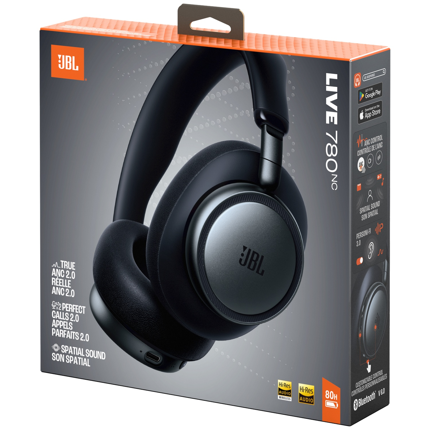 Emballage du casque JBL LIVE 780NC avec casque noir et détails du produit.