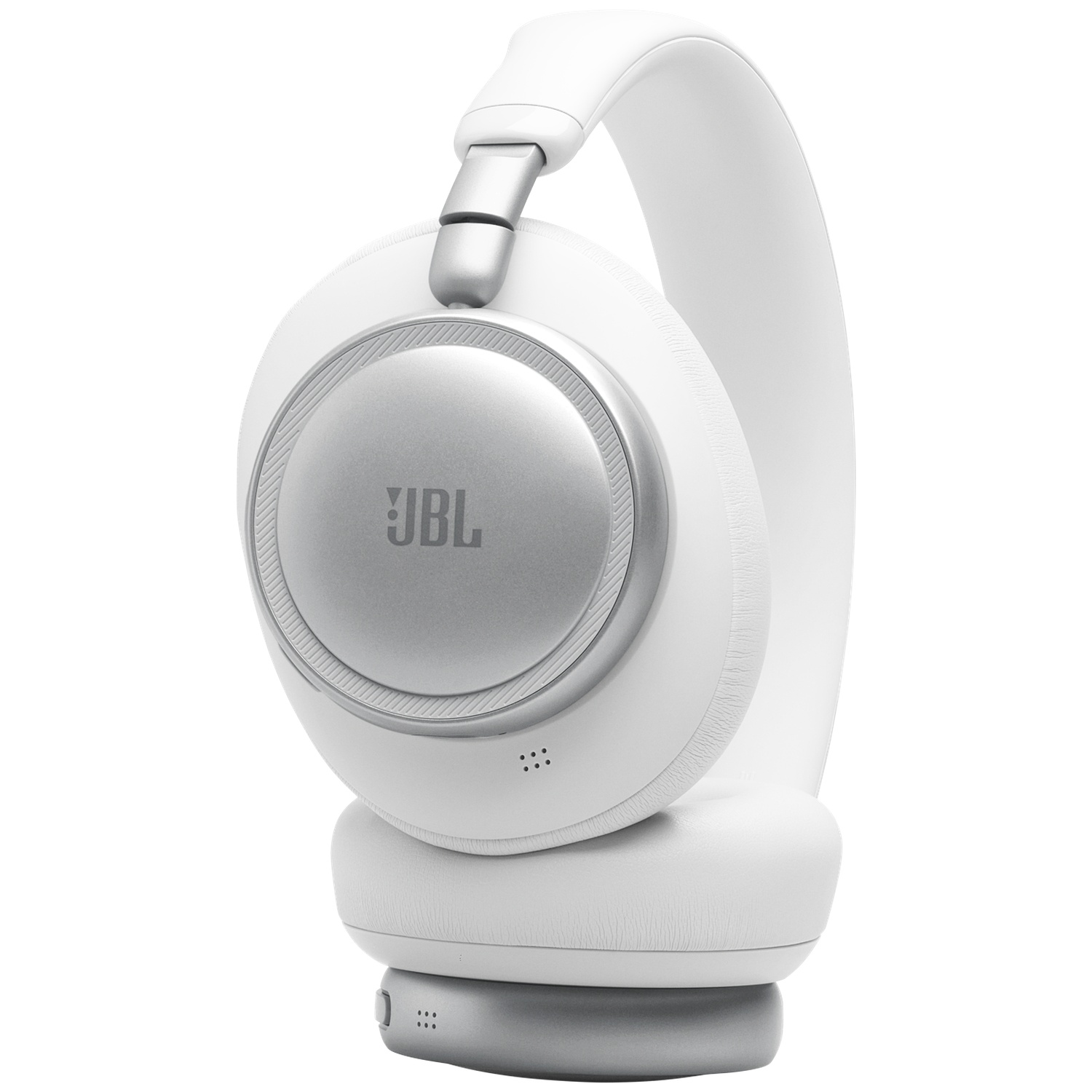 Casque JBL blanc avec accents argentés, détaillé.
