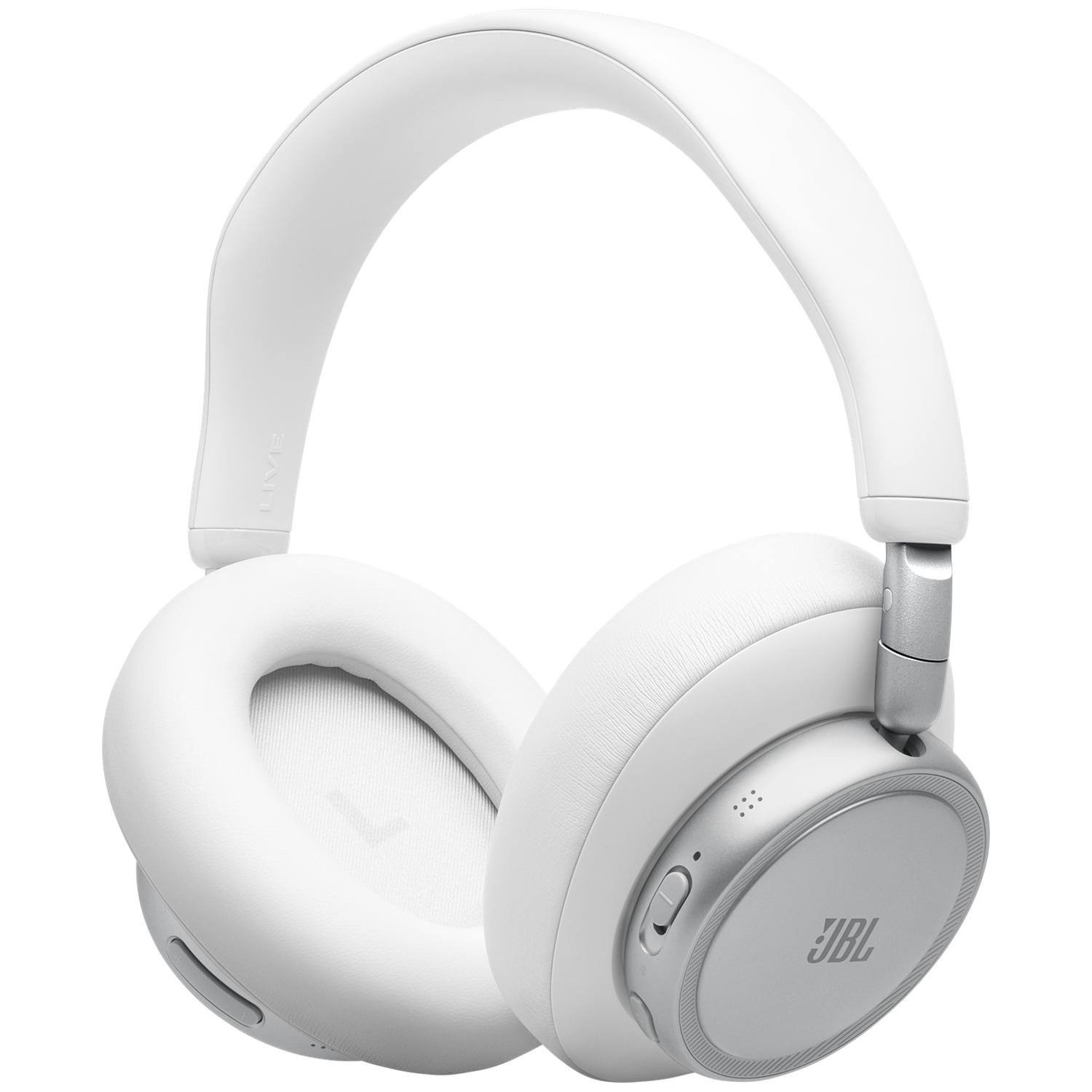 Casque JBL blanc supra-auriculaire avec accents argentés et boutons sur l'écouteur droit.