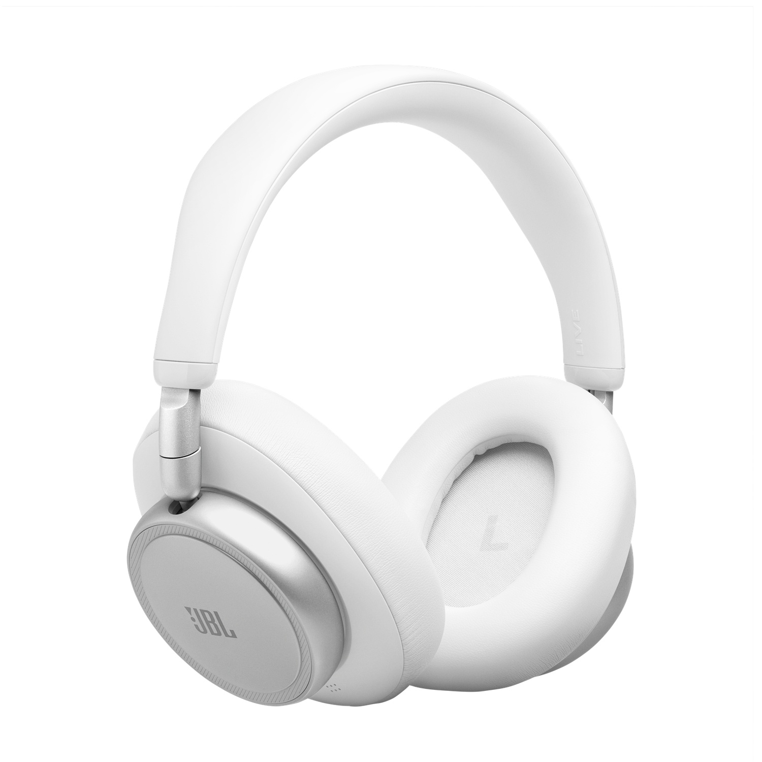 Casque blanc avec accents argentés et logo JBL sur fond blanc.