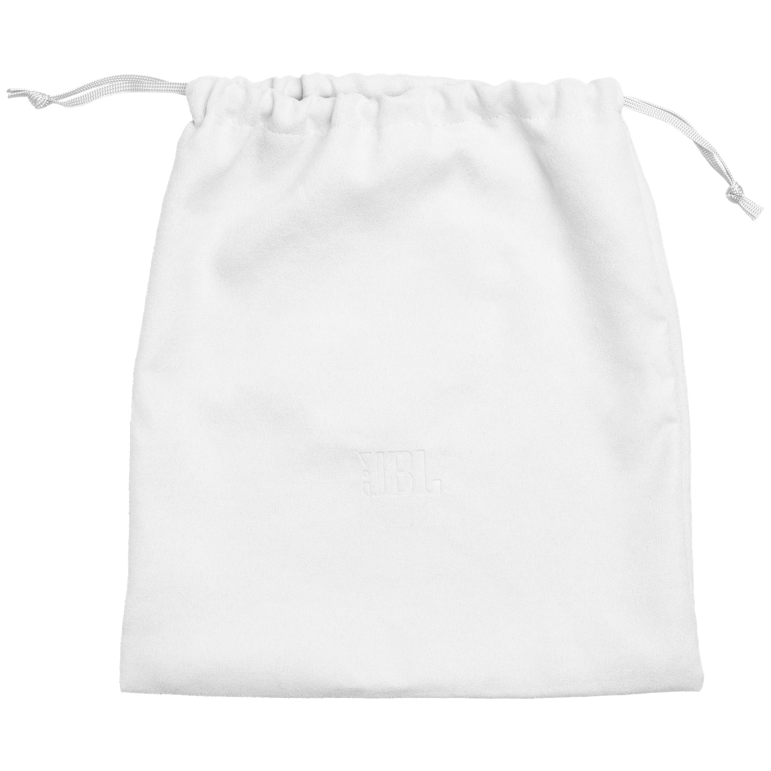 Une pochette en tissu blanc à cordon avec un logo JBL en relief sur le devant.