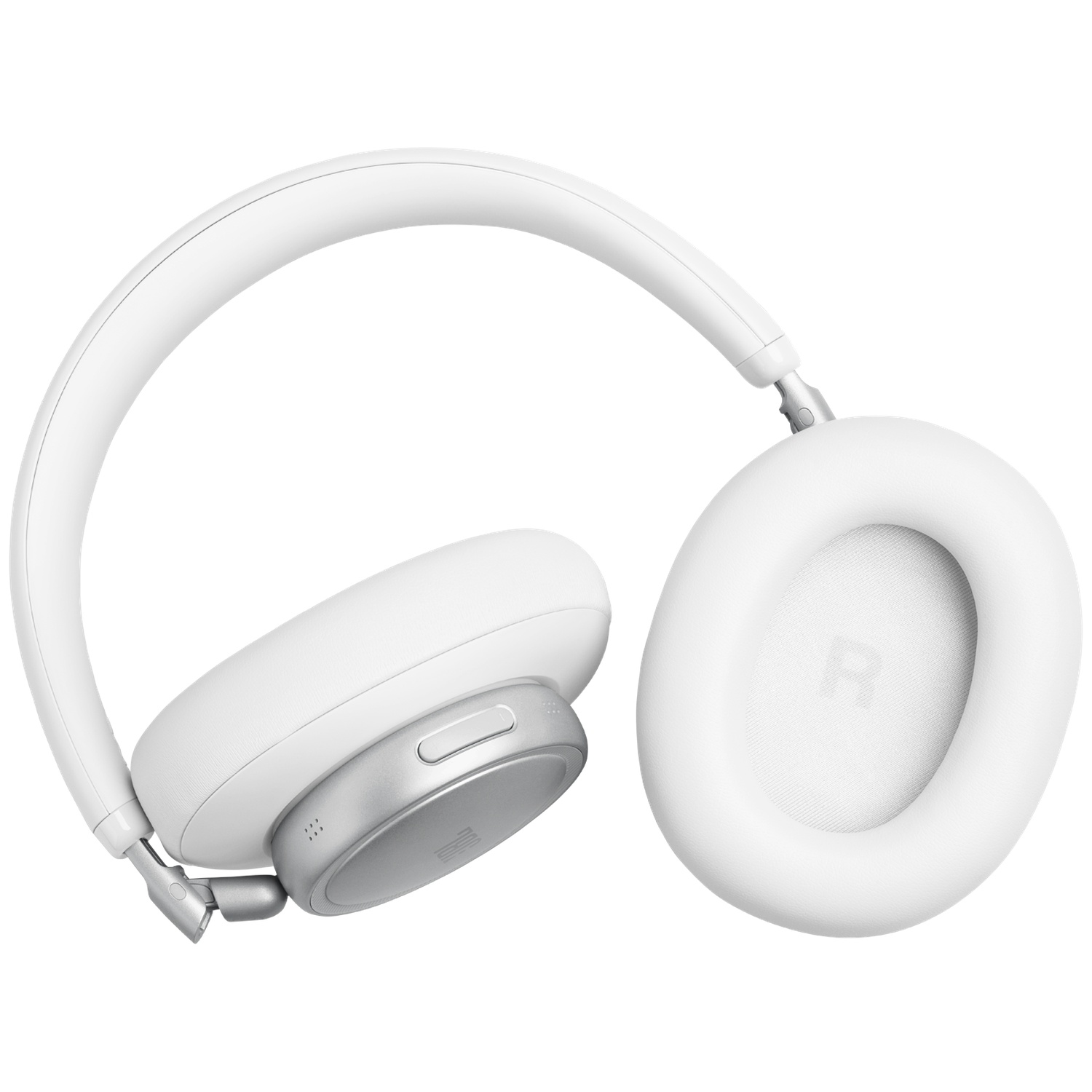 Casque blanc avec accents argentés sur fond blanc.