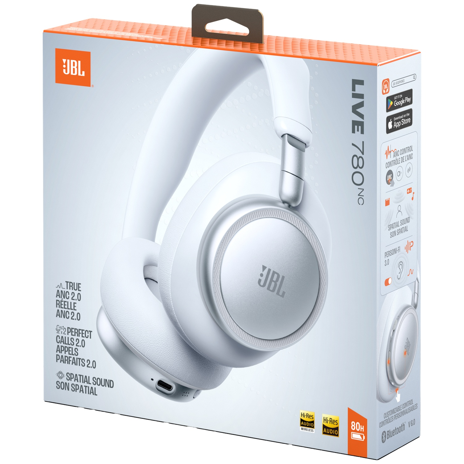 Boîte d'écouteurs JBL blancs avec accents argentés, ANC et Bluetooth.