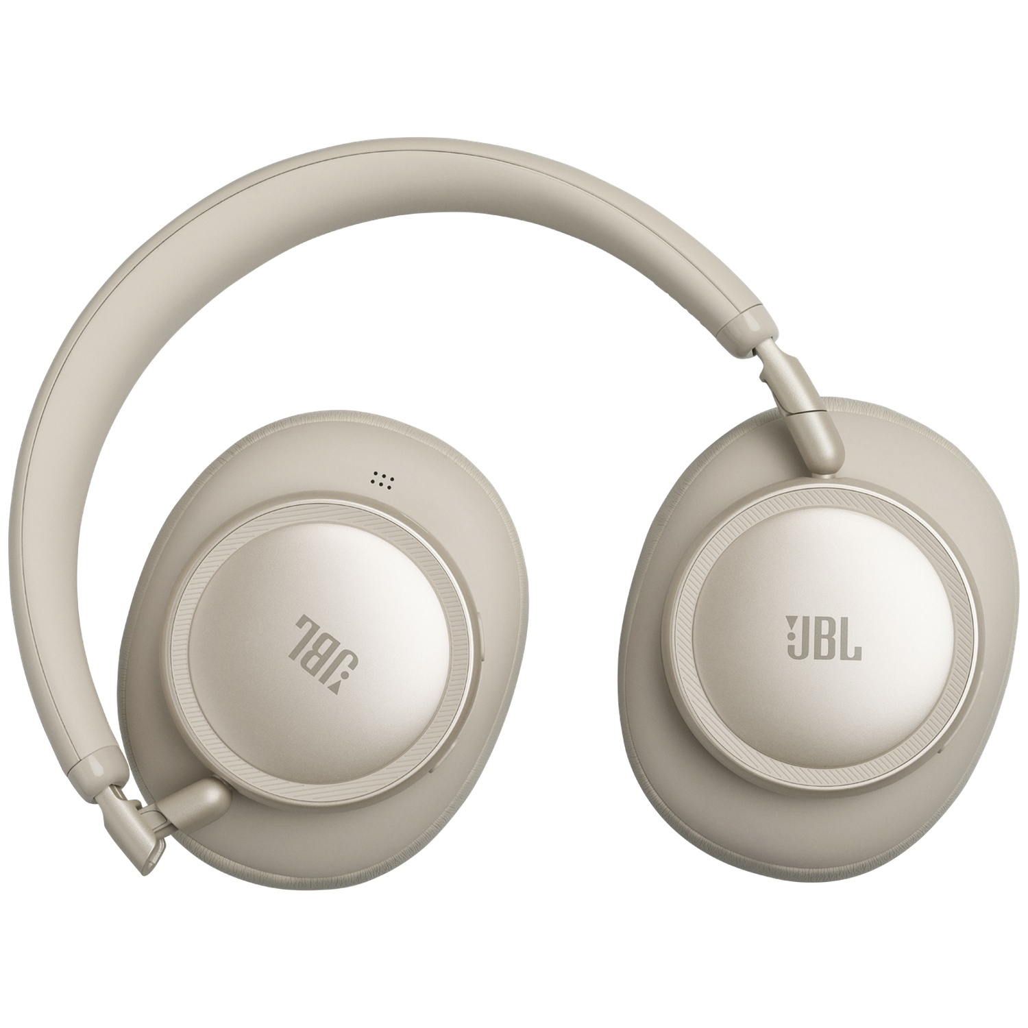Casque JBL beige avec arceau réglable et écouteurs ronds.