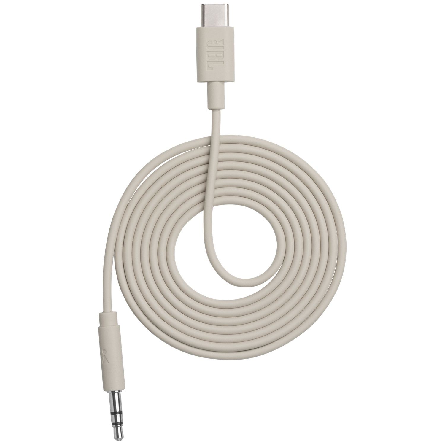 Un câble audio JBL gris clair avec connecteurs USB-C et 3,5 mm, enroulé.