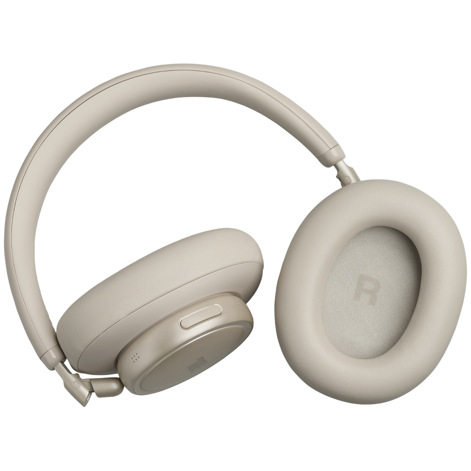 Un casque sans fil beige sur fond blanc avec un R visible sur l'écouteur droit.