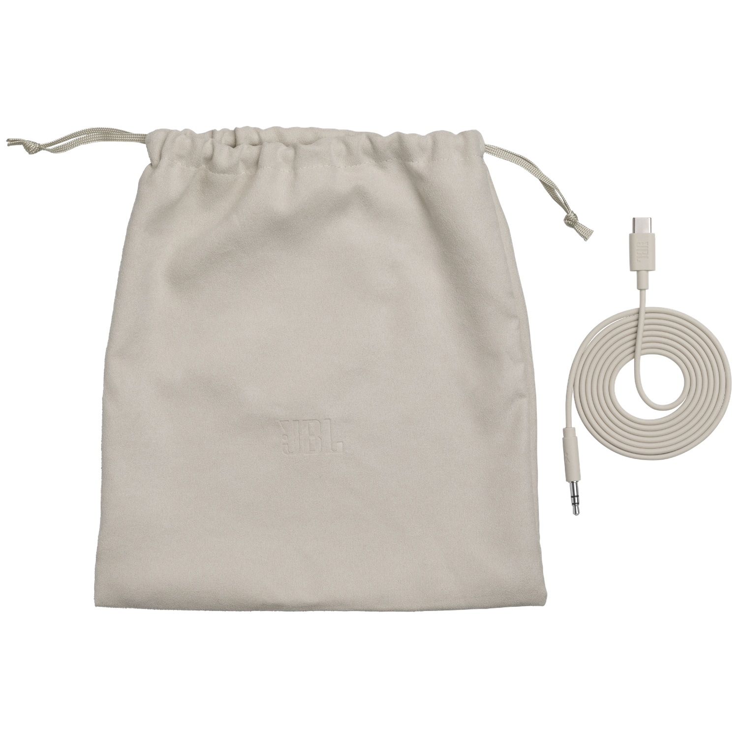 Une pochette grise JBL à cordon avec un câble blanc à connecteurs USB-C et 3,5 mm.