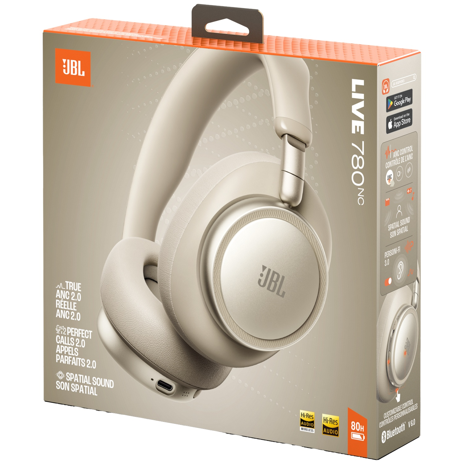 Boîte beige d'écouteurs JBL LIVE 780NC avec image produit et détails.