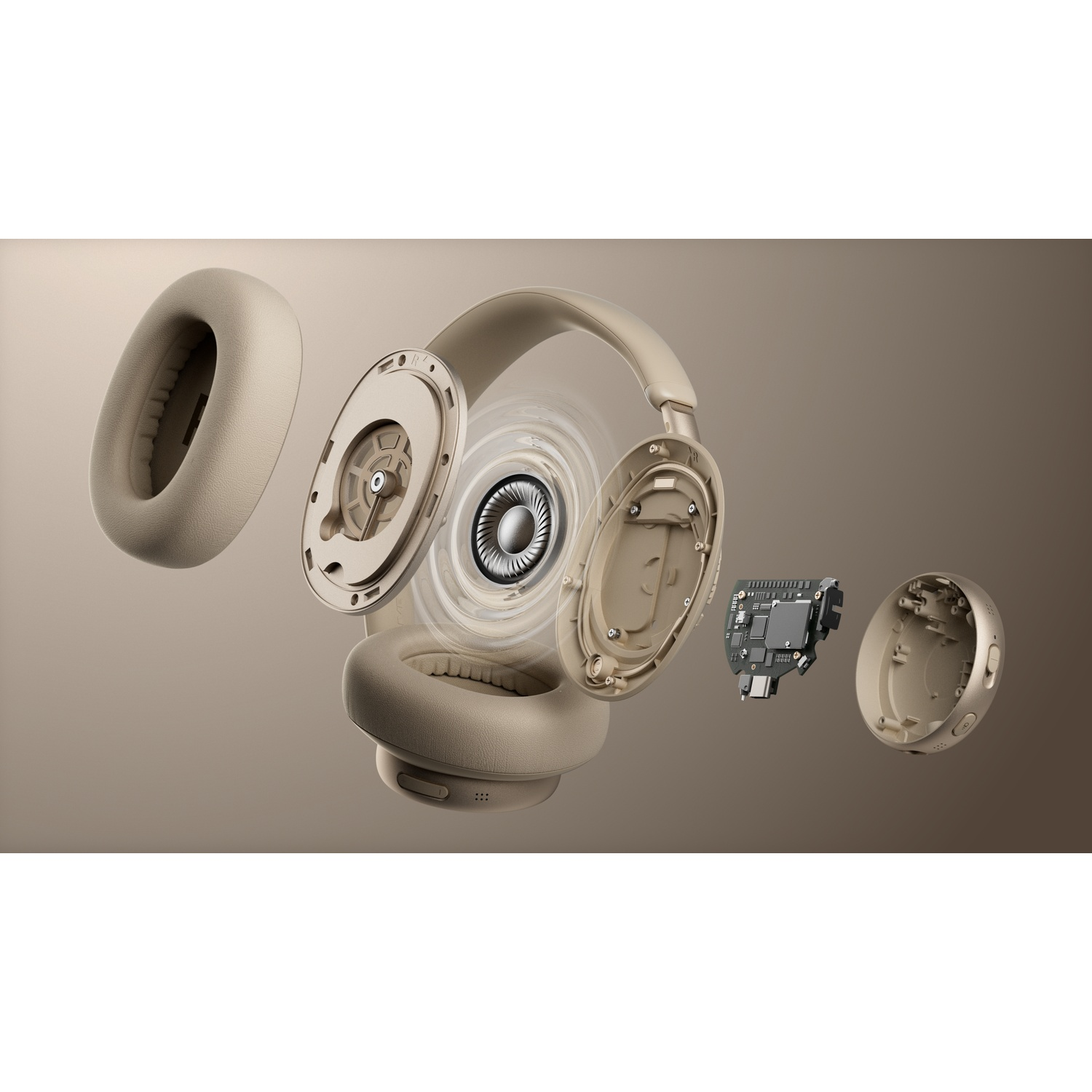 Vue éclatée d'un casque beige, montrant les oreillettes, les haut-parleurs et les composants de la carte mère.