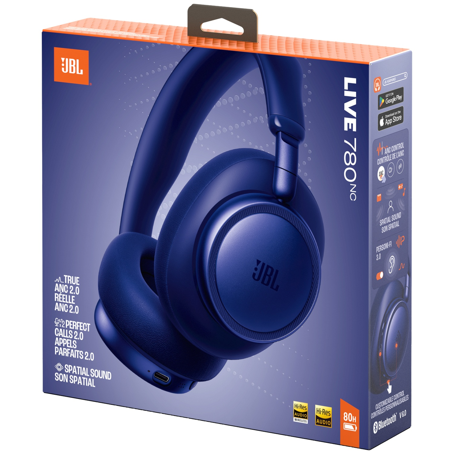 Boîte pour écouteurs JBL LIVE 780NC bleu foncé avec image du produit.