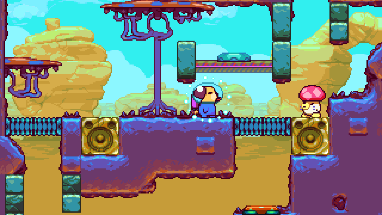 Escena de juego pixelado: un personaje azul con casco está cerca de un personaje hongo.