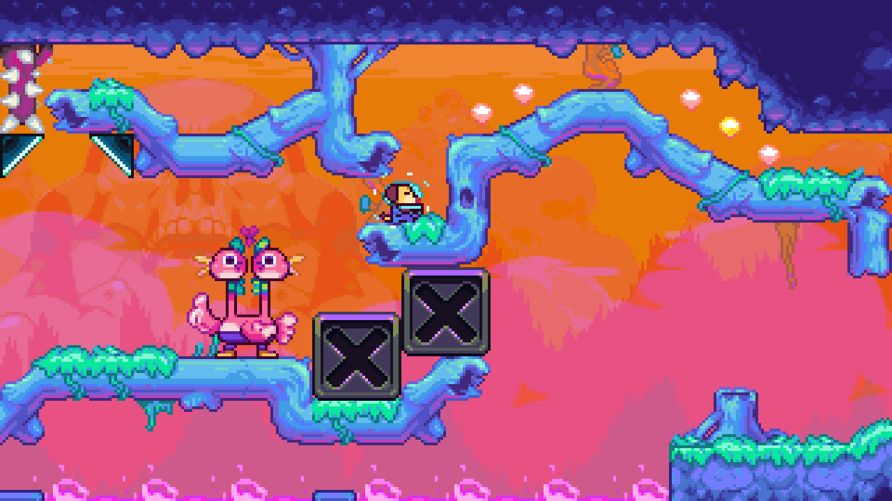 Escena de juego pixel art con árboles morados y azules, un monstruo rosa y un personaje.