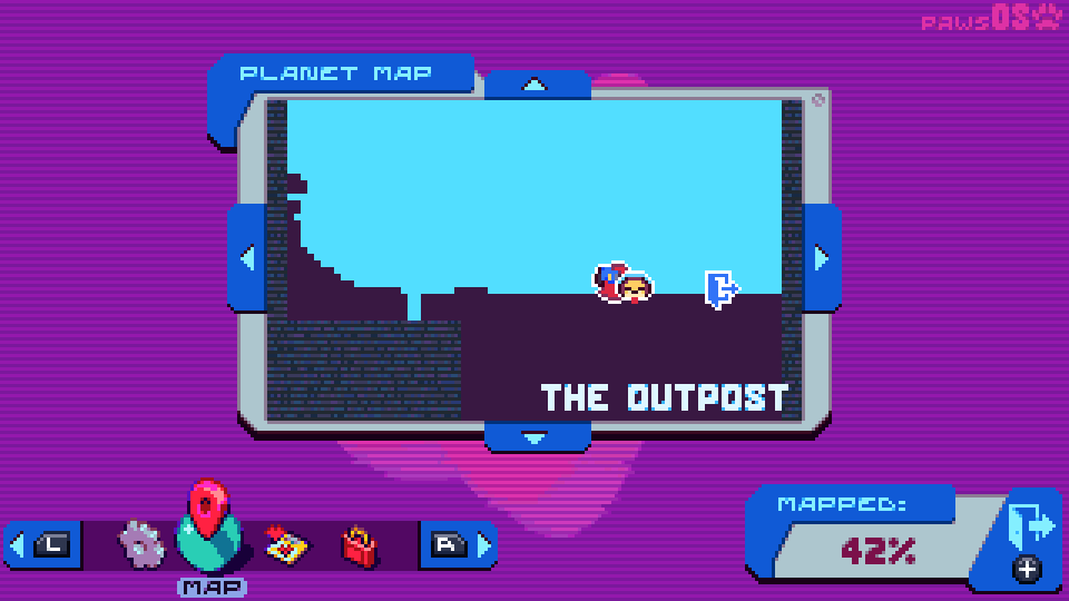 Mapa de juego pixelado con personaje y marcador de destino. Elementos de UI abajo.
