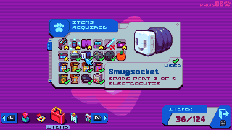 Pantalla de inventario pixelado con objetos, un personaje y texto del juego.