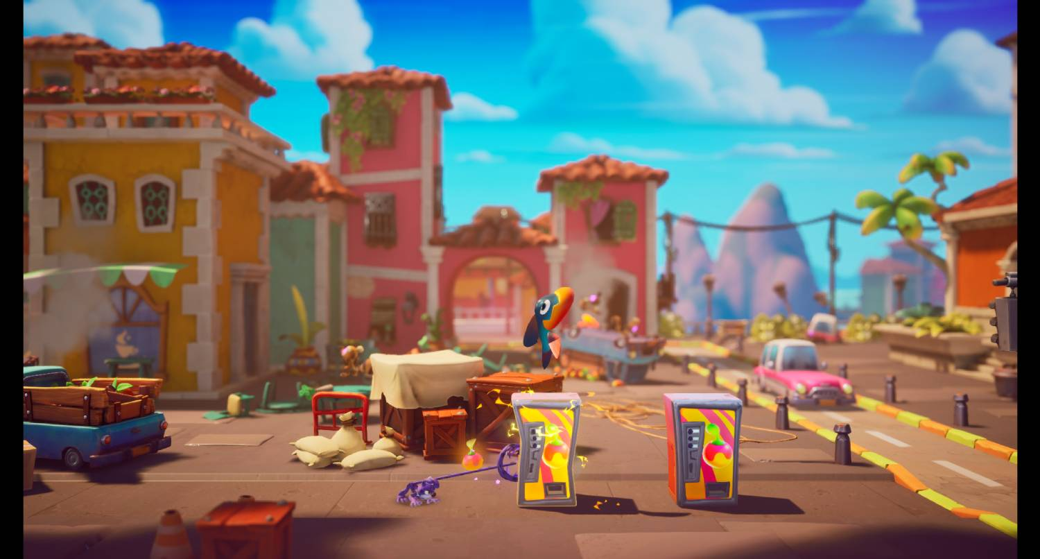 Un pájaro de colores flota sobre una calle con edificios y coches coloridos.