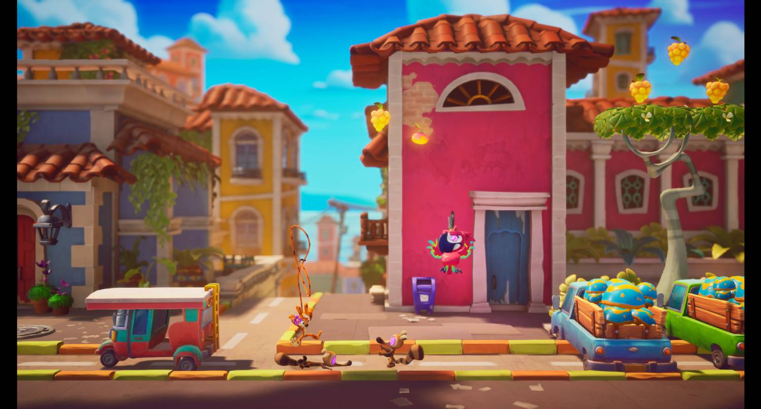 Representa una colorida escena callejera con animales y vehículos de dibujos animados.