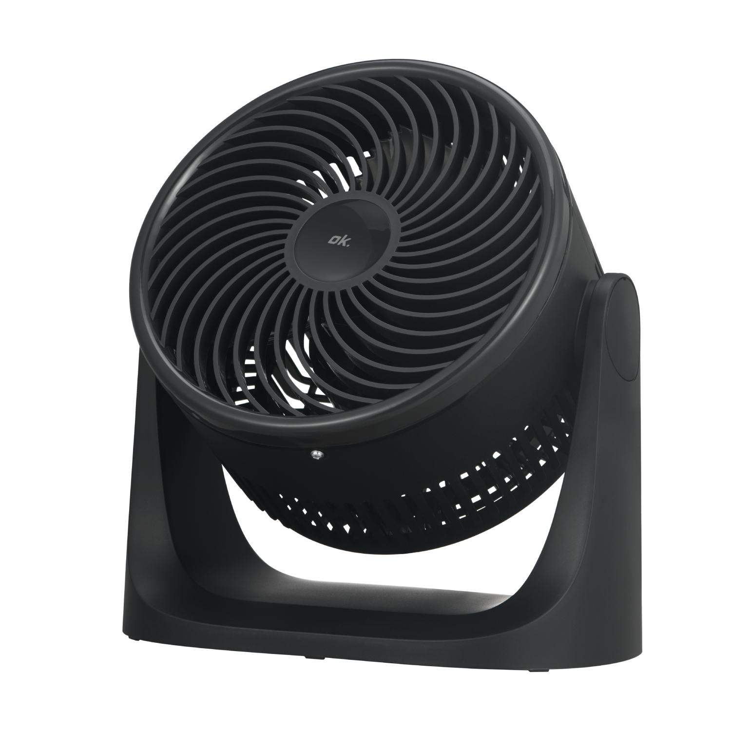 Un ventilador negro y moderno con rejilla redonda y logo "ok.", sobre fondo negro.