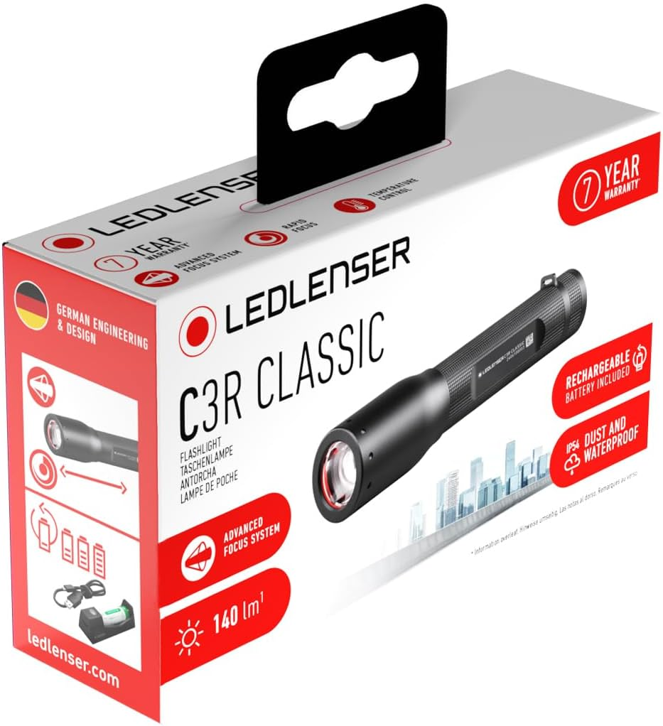 Ledlenser C3R Classic zseblámpa csomagoláson, német és angol szöveggel.