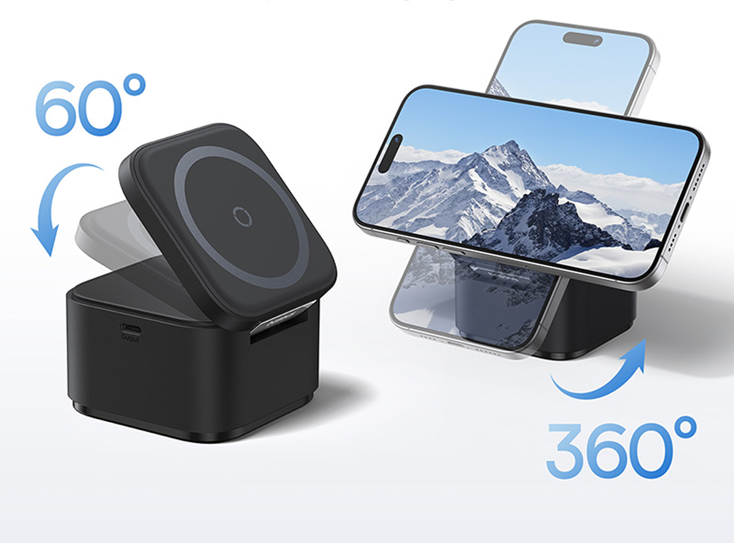 Soporte cargador inalámbrico negro con teléfono mostrando montañas. Ángulos de 60° y 360°.