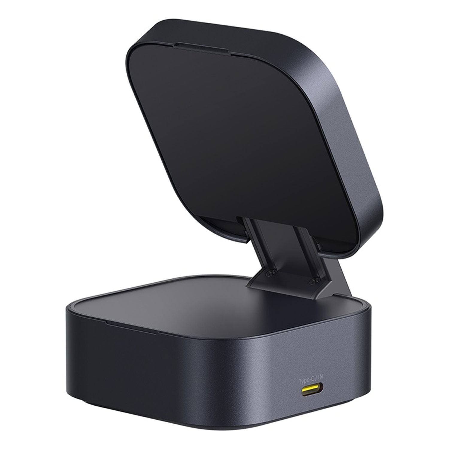 Un cargador negro plegable con puerto USB-C en la parte delantera.