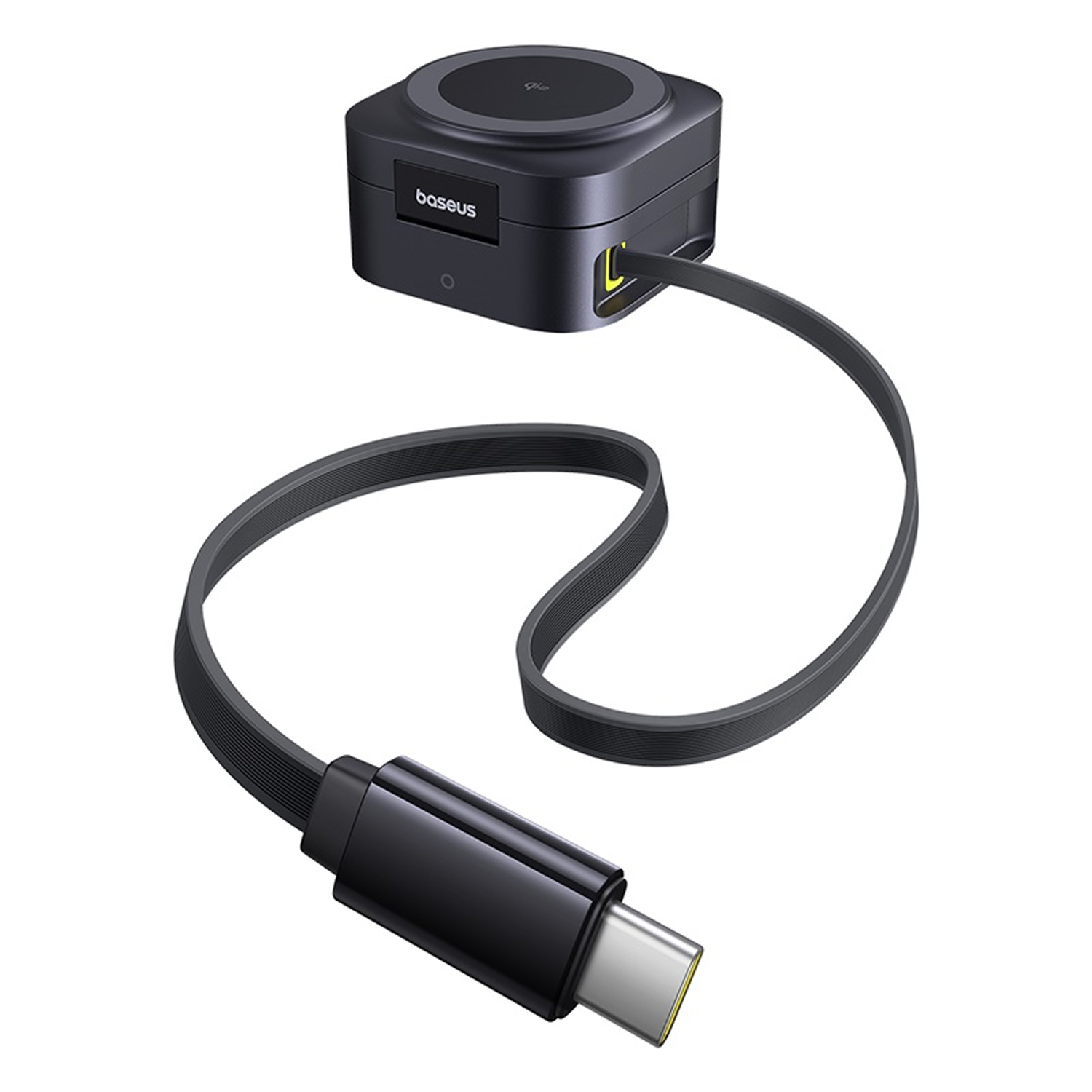 Un cargador Baseus negro con cable USB-C sobre fondo blanco.